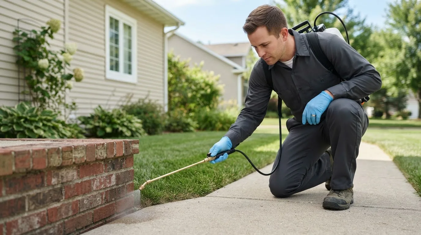 Pest control technician treating a home near Rickreall, OR